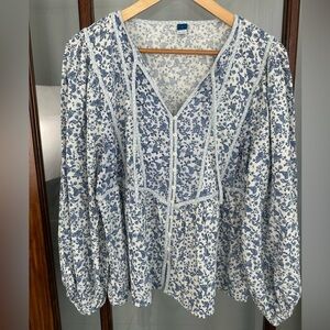 OLD NAVY Top Womens L Peasant Floral Blouse Button Up Balloon Sleeve Blue White